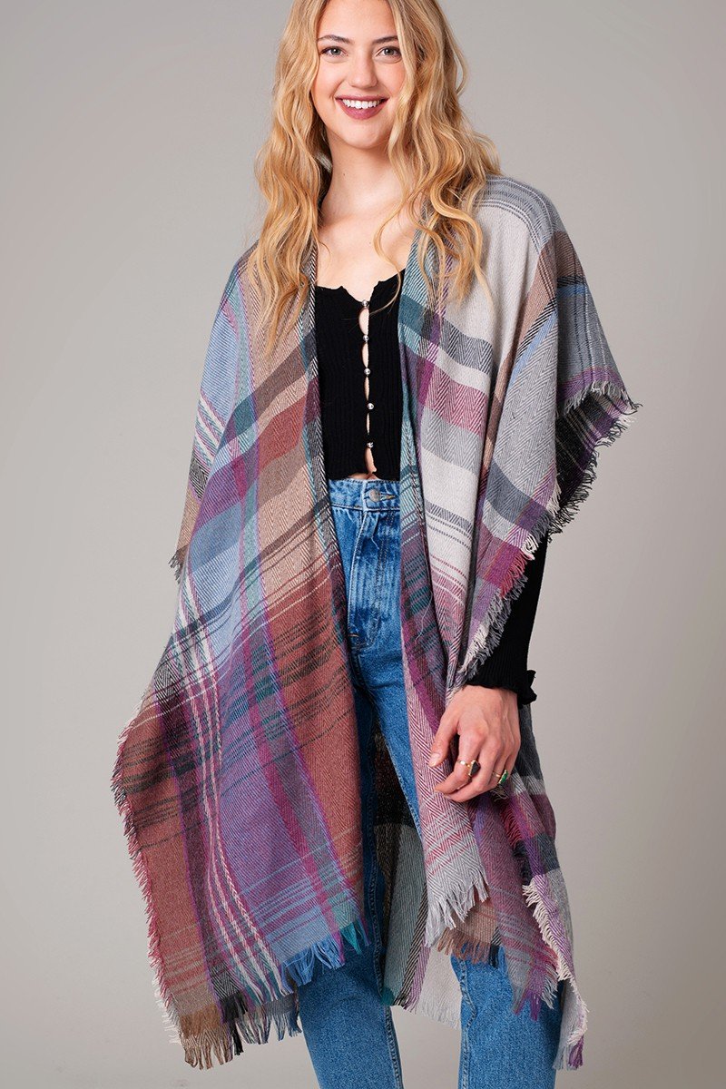 Multi Color Jacquard Plaid Long Kimono